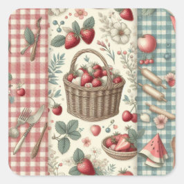 Fruchtkorb Gingham Spaß Quadratischer Aufkleber