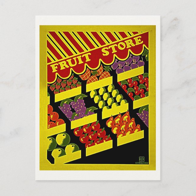 Fruchtladen - Hellrotes Vintages WPA-Poster Postkarte (Vorderseite)