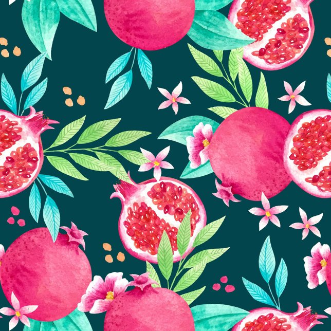 Fruchtmuster-Baumkronen Kissen (Seamless pattern with pomegranates, flowers and leaves on a dark background, watercolor style.)