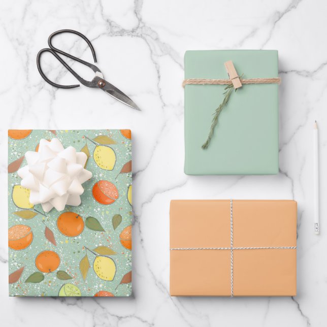 Fruchtmuster mit Zitronen, Orangen Geschenkpapier Set (Vorderseite)