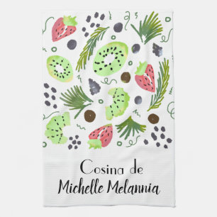 Fruchtsalat Kiwi Wassermelone Grünpflanzen Illustr Geschirrtuch