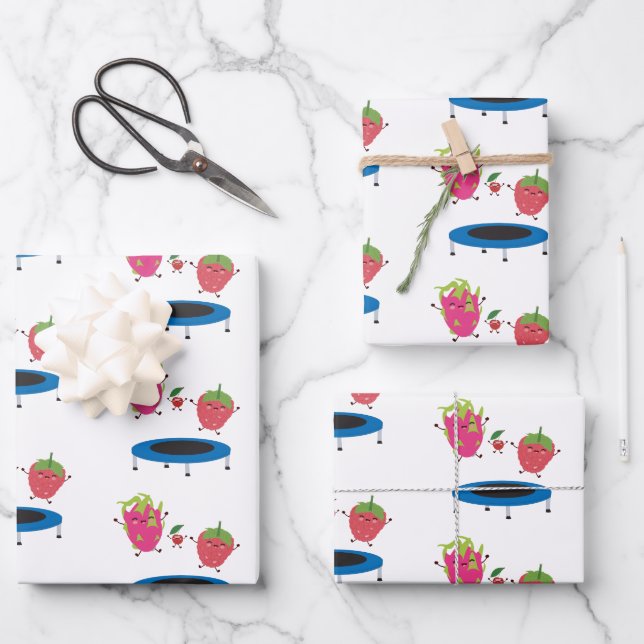 Fruchtspringen auf Trampolin Geschenkpapier Set (Vorderseite)