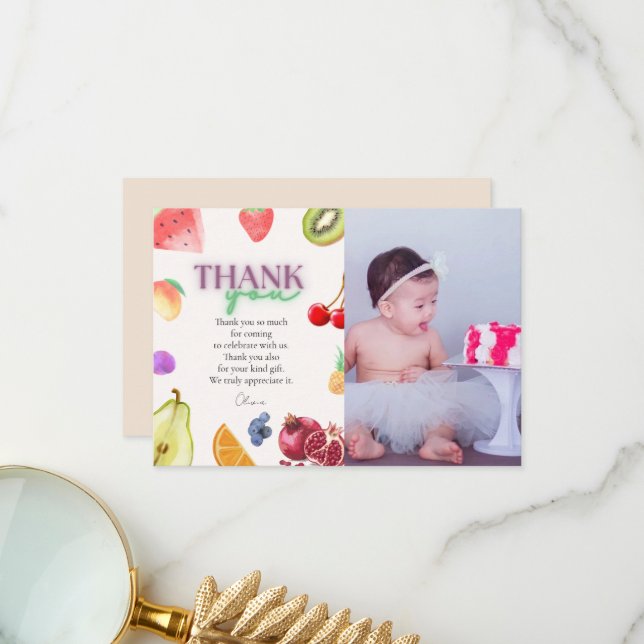 Fruchtthema 2. Geburtstag Dankeskarte (Vorderseite/Rückseite Beispiel)