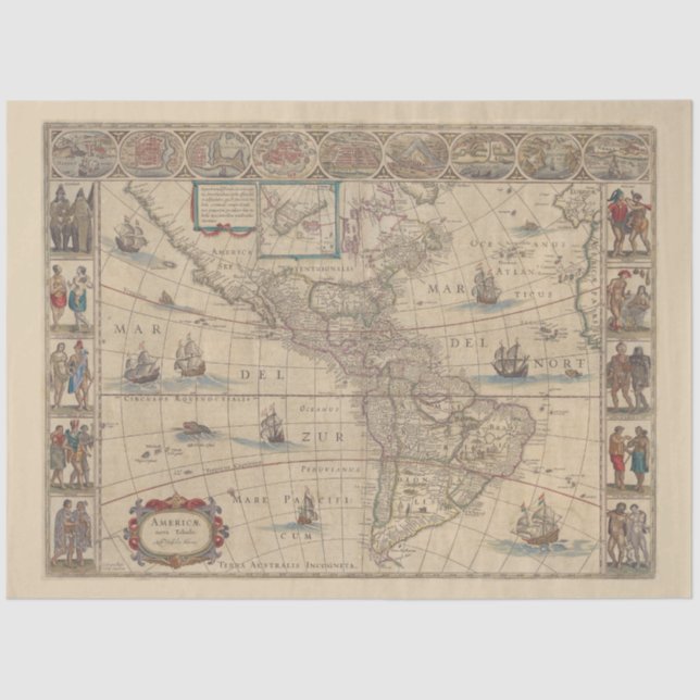 Frühe historische Karte Nord- und Südamerikas Seidenpapier (Vorderseite)