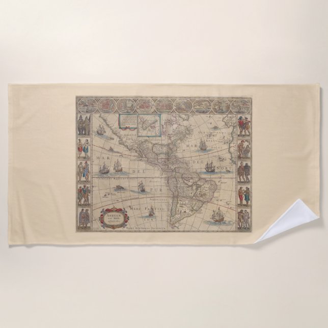 Frühe Karte der Amerikas (Nord- und Südamerika) Strandtuch (Vorderseite)