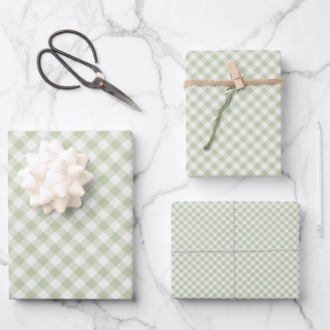 Früher Herbst-Retro-Gingham | Sanftes Oliv Geschenkpapier Set (Vorderseite)