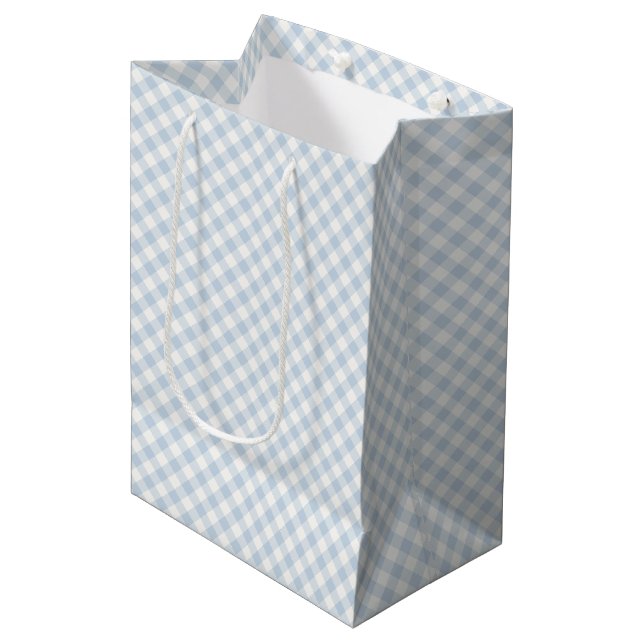 Früher Herbst-Retro-Gingham | Staubblau Mittlere Geschenktüte (Vorderseite Schrägansicht)