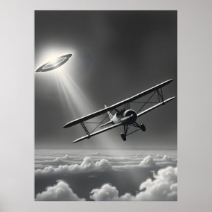 Frühes Aviation-UFO-Begegnung Vintage-Doppeldecker Poster
