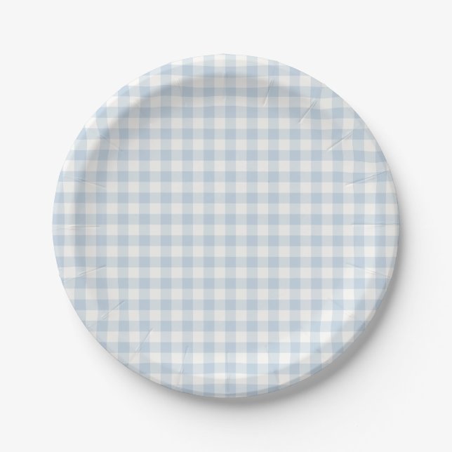 Frühherbst Klassisches Gingham | Staubblau Pappteller (Vorderseite)