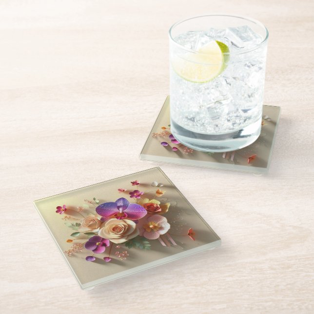 Frühjahr blüht 3D-Grußkarte - Lebhafte Rose Glasuntersetzer (Schrägansicht)