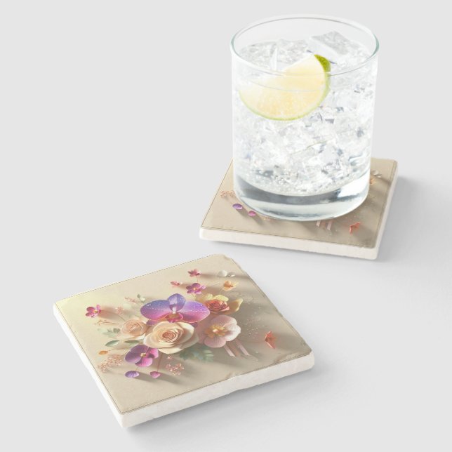 Frühjahr blüht 3D-Grußkarte - Lebhafte Rose Steinuntersetzer (Seitenansicht)