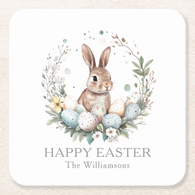 Frühjahr Bunny Ostereier Gärland Personalisiert Rechteckiger Pappuntersetzer (Vorderseite)