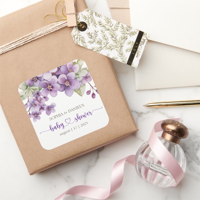 Frühjahr Delicate Violet Blume Babydusche Quadratischer Aufkleber (Schenken)