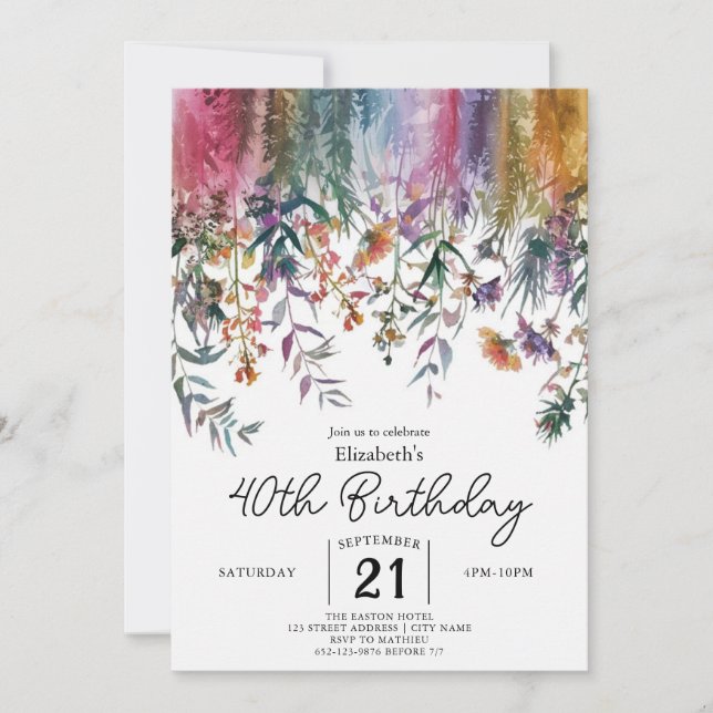 Frühjahr Elegante Wildblumen 40. Geburtstag Einladung (Vorderseite)