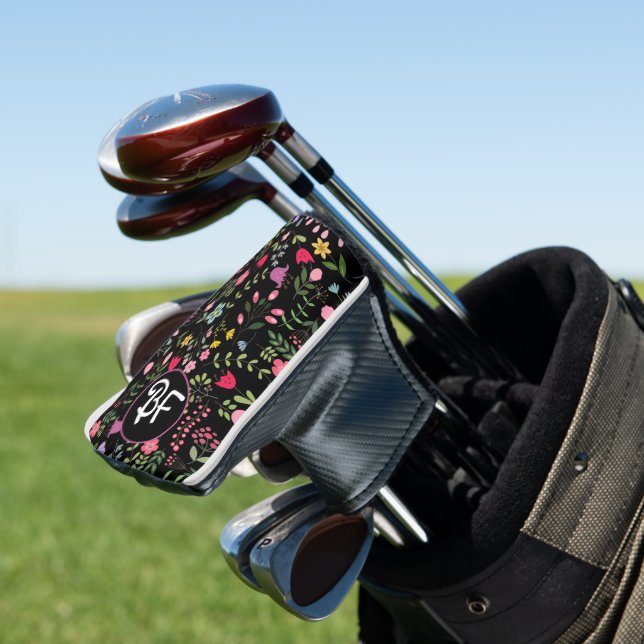 Frühjahr für Wildblumen Schwarze Flora Personalisi Golf Headcover (In Situ)