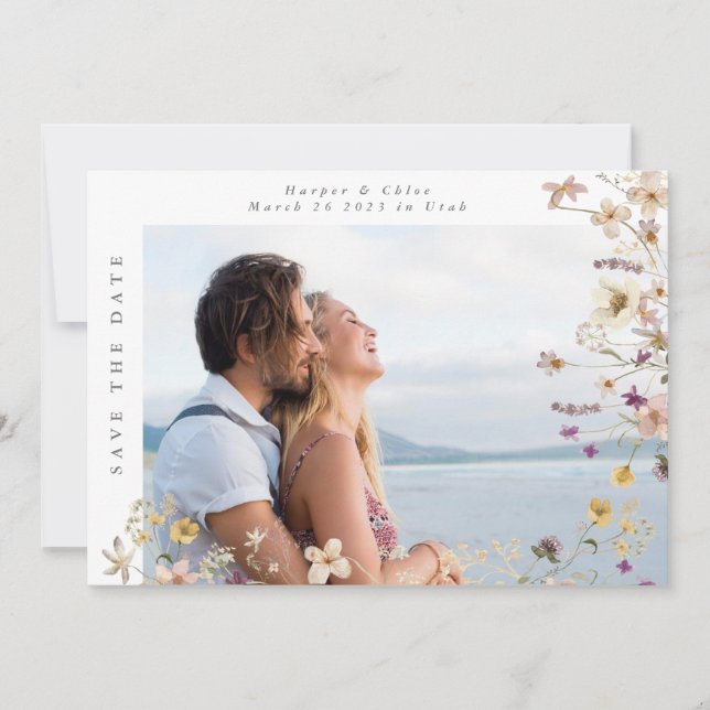 Frühjahr Gerahmte Wildblume Boho Wedding Foto Save The Date (Vorderseite)
