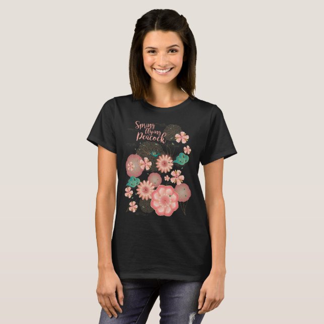 Frühjahr Peach Garden Flying Peacock Frische Pasta T-Shirt (Vorne ganz)