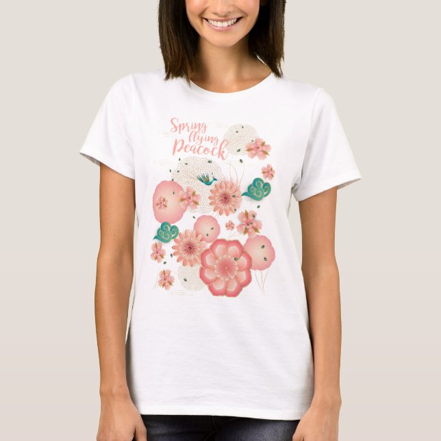 Frühjahr Peach Garden Flying Peacock Frische Pasta T-Shirt (Vorderseite)