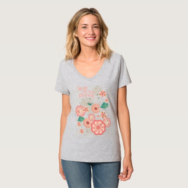 Frühjahr Peach Garden Flying Peacock Frische Pasta T-Shirt (Vorderseite Vollansicht)
