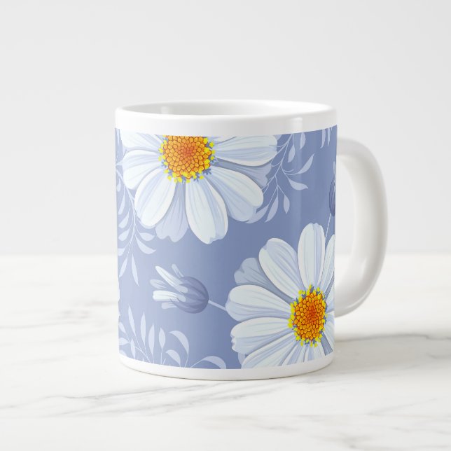 Frühjahr Sommer Weiße Blume Blaues Muster Jumbo-Tasse (Vorderseite Rechts)