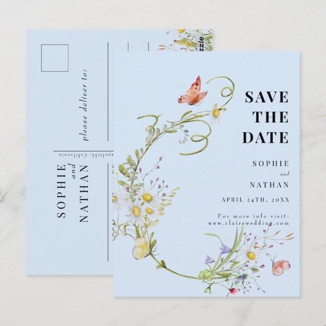 Frühjahr Sommer-Wildblume Light Blue Save the Date Postkarte (Vorne/Hinten)