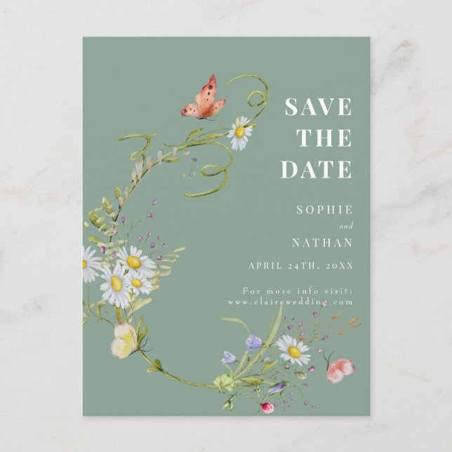 Frühjahr Sommer Wildblume Sage Green Save the Date Postkarte (Vorderseite)