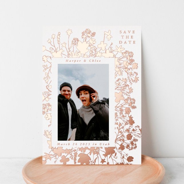 Frühjahr Wildblume Rahmen Rose Gold Save the Date Folieneinladung (Von Creator hochgeladen)