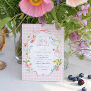 Frühjahrs-Blumenmuster Rosa Gingham Baby Shower Einladung