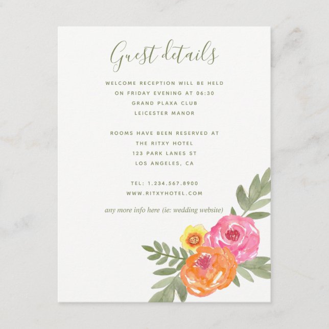 Frühjahrs Hochzeit Aquarell Blume Gästedaten Begleitkarte (Vorderseite)