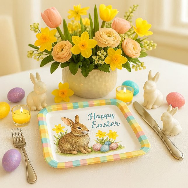 Frühjahrs-Kariert mit Osterhasen-Papierplatte Pappteller (Cheerful springtime Easter Bunny paper plate.  Perfect for holiday gatherings )