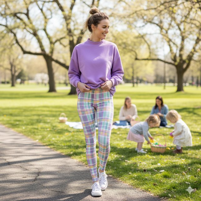 Frühjahrs-Leggings mit Karomuster in Lavendel, Tür Leggings (Spring stroll meets Easter joy. perfect for showcasing seasonal comfort, color, and family fun.)