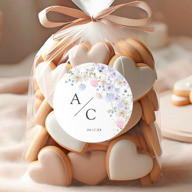 Frühjahrs-Lila und rosa Wildblumen Hochzeit Runder Aufkleber (Von Creator hochgeladen)