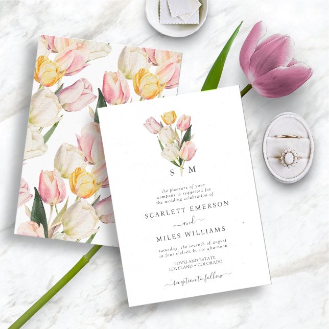 Frühjahrs-Monogramm-Hochzeit Einladung (Watercolor Monogrammed Spring and Summer Tulip Wedding Invitation by Painted Paperie)