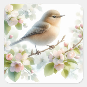 Frühjahrs-Vogel-Kirschblüten-Aquarell Quadratischer Aufkleber