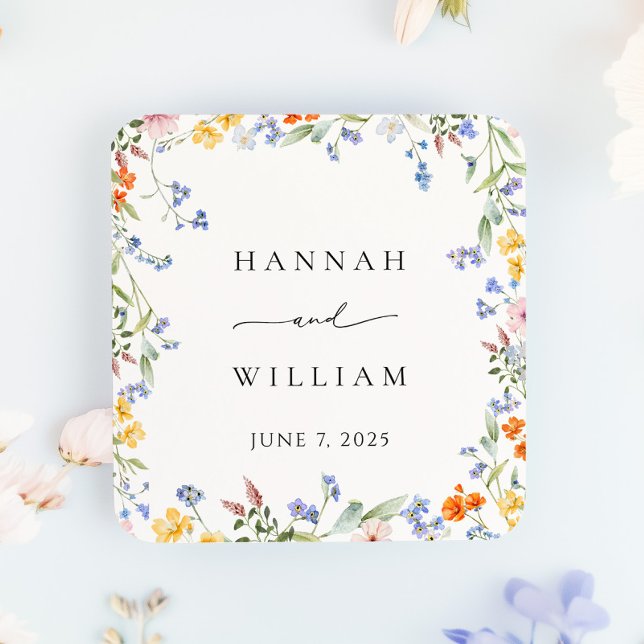 Frühjahrs-Wildblume-Gartenhochzeit Quadratischer Aufkleber (Von Creator hochgeladen)