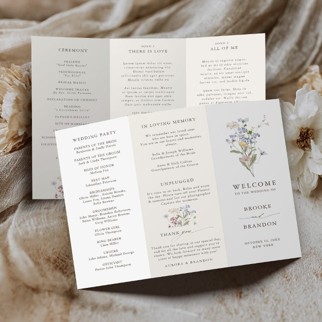 Frühjahrs-Wildblume-Hochzeitsprogramm "Meadow Gard (Spring Wildflower Meadow Garden tri fold Wedding Program)