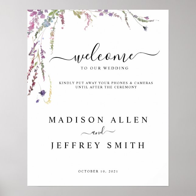 Frühjahrs-Wildblume Unplugged Wedding Welcome Sign Poster (Vorne)