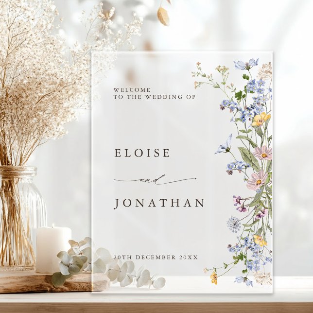 Frühjahrs-Wildblume Wiesen-Garten Hochzeit Willkom Acrylschild (Spring Wildflower Meadow Garden Wedding Welcome Acrylic Sign)