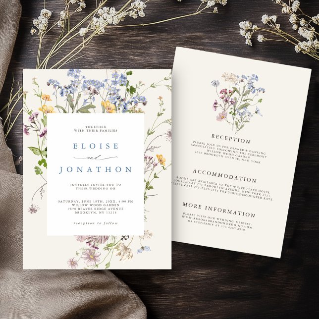 Frühjahrs-Wildblume Wiesengarten Details Hochzeit Einladung (Colorful Spring Wildflower Meadow Garden All in one Wedding invitation with details on back)
