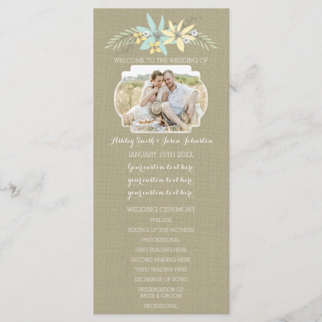 Frühjahrsblumen und Burlap-Foto-Hochzeitsprogramm Programm (Vorderseite)