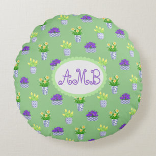 Frühjahrsblüten in blauen und weißen Punkten Akzen Rundes Kissen