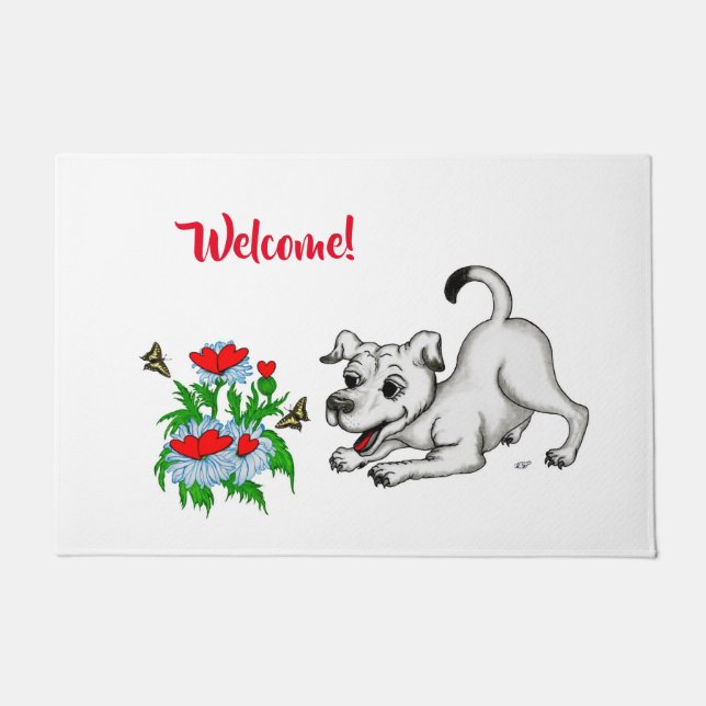 Frühjahrserwachen, Welpe mit Blume und Schmetterli Fußmatte (Vorderseite)