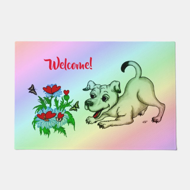 Frühjahrserwachen, Welpe mit Blume und Schmetterli Fußmatte (Vorderseite)