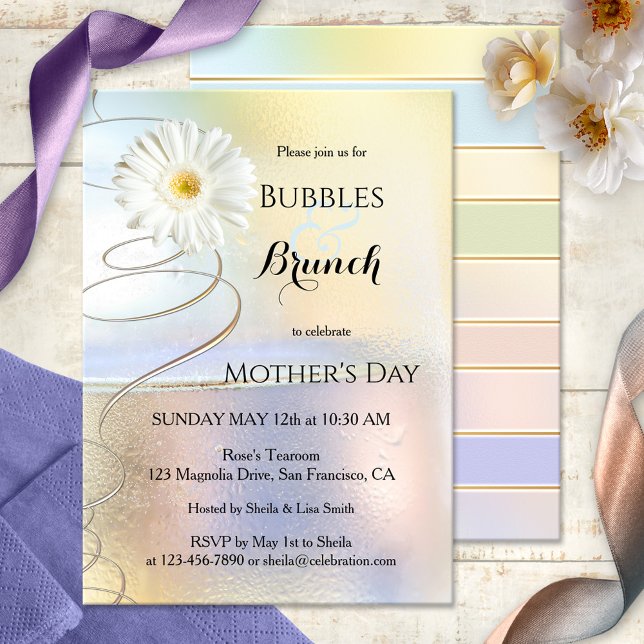 Frühjahrsfeiern und Einladung zum Brunch (Elegant Bubbles & Brunch invitation featuring festive swirls and a daisy flower)