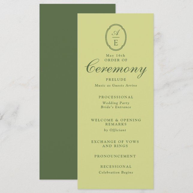 Frühjahrsgrünes Monogramm-Hochzeitsprogramm Einladung (Vorne/Hinten)