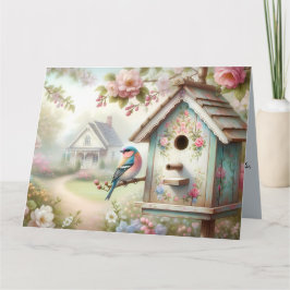 Frühjahrshaus mit pastellfarbenen Blume und Vogel Karte