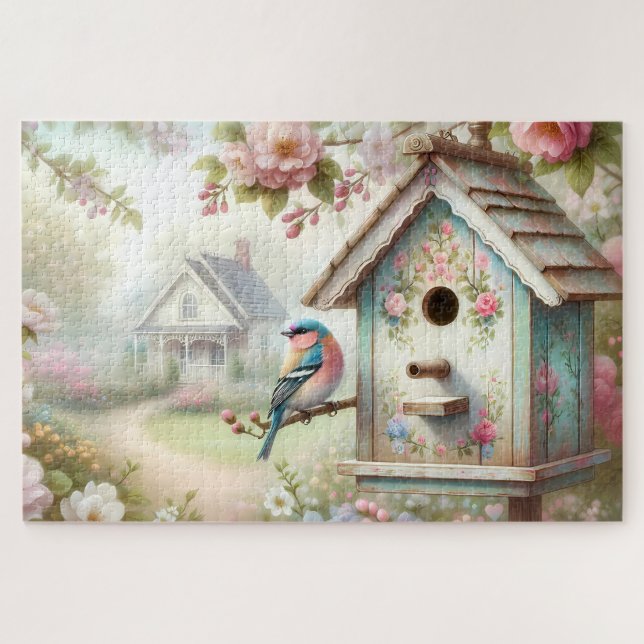 Frühjahrshaus mit pastellfarbenen Blume und Vogel Puzzle (Horizontal)