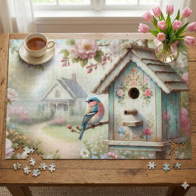 Frühjahrshaus mit pastellfarbenen Blume und Vogel Puzzle (Spring Birdhouse With Pastel Flowers And Bird Jigsaw Puzzle Mockup)