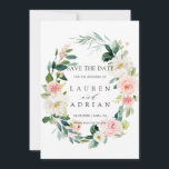 Frühjahrsherz Blumenzauber Hochzeit speichern Datu Save The Date<br><div class="desc">Elegante Hochzeitskarte mit einem Kranz von Aquarellfarben-Blume in Rosa und Weiß mit grünem Blattwerk. Für eine weiter gehende Anpassung dieses Designs klicken Sie bitte auf den Button "Anpassen". Matching-Elemente sind ebenfalls verfügbar.</div>