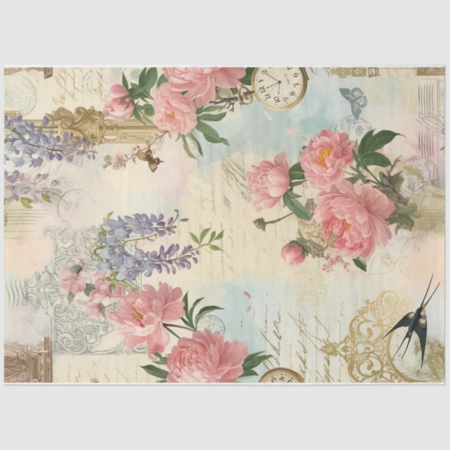 Frühjahrskollage mit Vögeln und Blume | Dekoupage Seidenpapier (Vorderseite)